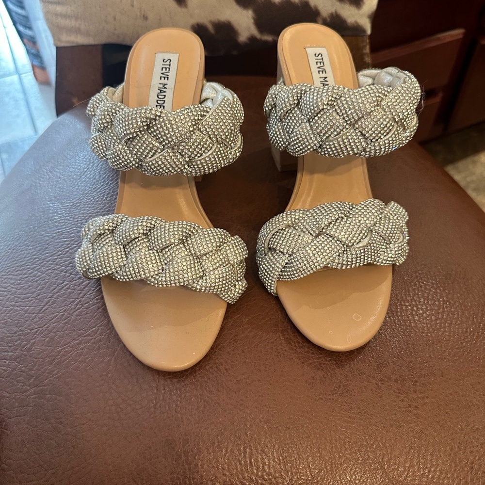 Steve Madden Silver Braided Crystal Strap Block Heel Sandals